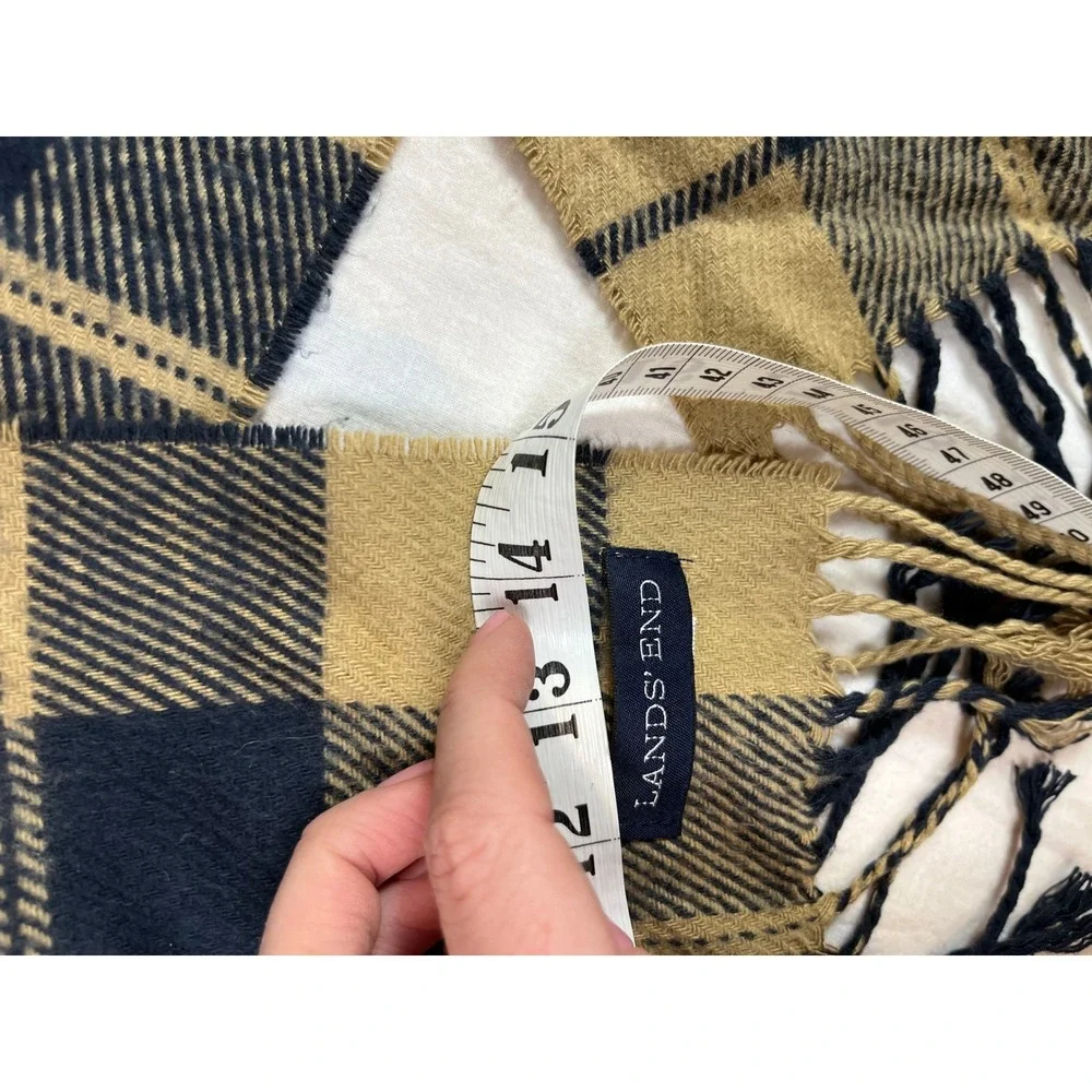 Lands End Plaid Scarf Tan Navy‎ Blue Checkered Fringe Winter Accessory Womens